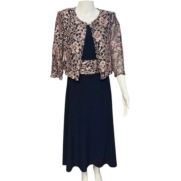 JH Evenings NWT Women’s Blue Midi A-Line Dress w/Jacket & Lace Detail Sz. 10 - Picture 1 of 7